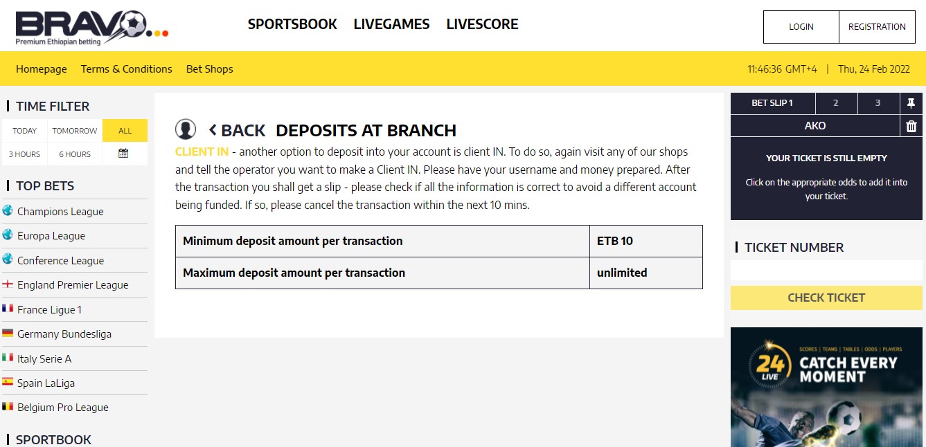 Deposit at Bravo Bet