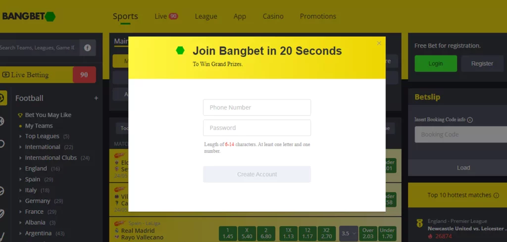 Bangbet signup